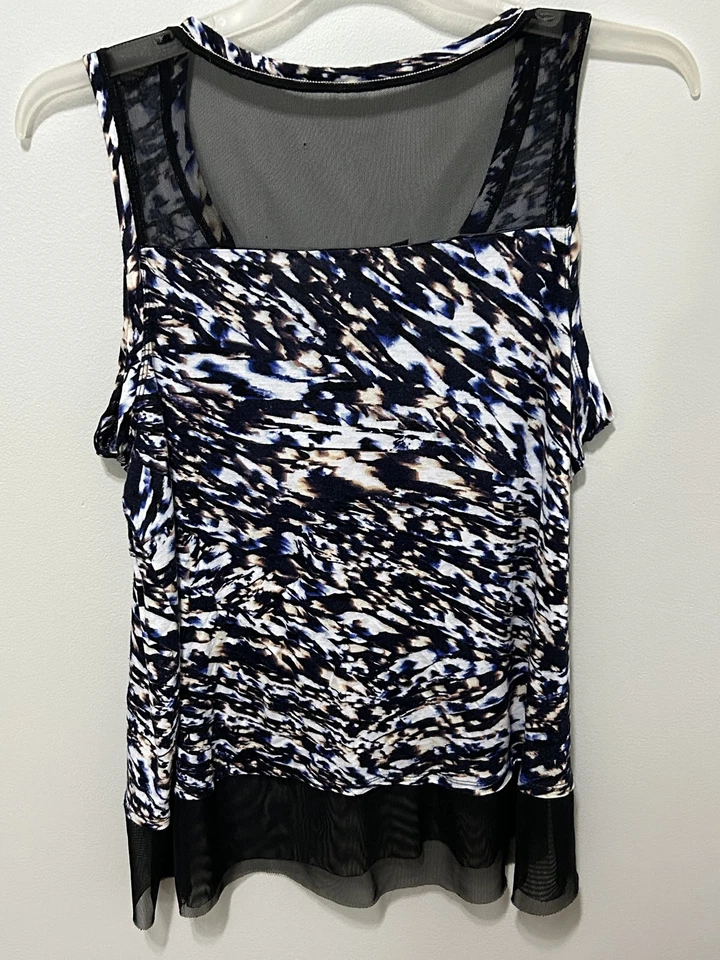 Blusa sin mangas Jennifer Lopez para mujer XL estampado abstracto transparente detalle de malla Foto 3 de 4