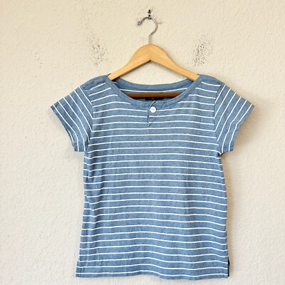 A.P.C. T-Shirt Womens Sz XS Heather Blue Striped One-Button Henley SS Tee Summer