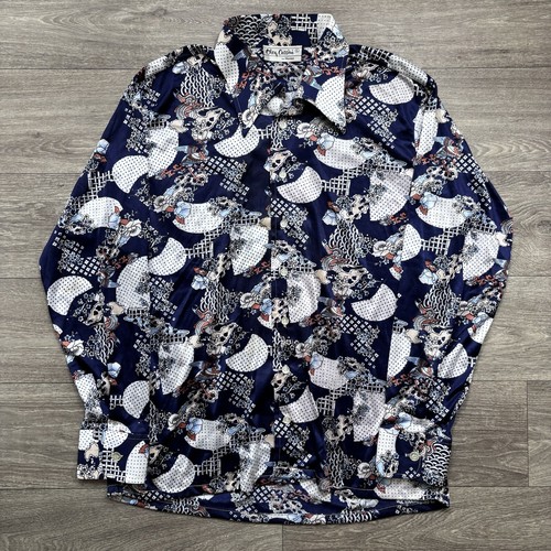 Vintage Oleg Cassini Large Burma Shirt Novelty Geometric Print Disco 70s Flaws