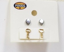 NEW FOSSIL SET OF TWO GOLD TONE KEY+ROUND SILVER TONE STUD EARRINGS  JOA00061998