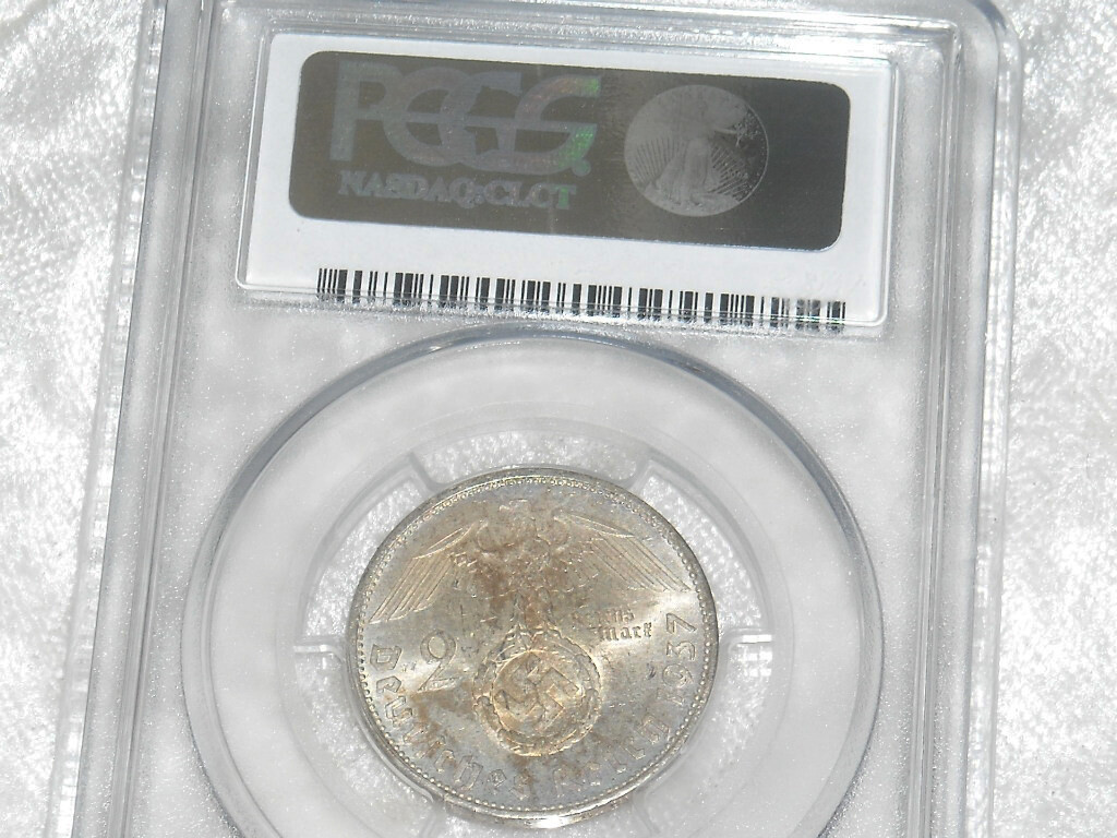 PCGS MS-64 NAZI SWASTIKA 1937-A 2 ReichsMark SILVER COIN-Germany