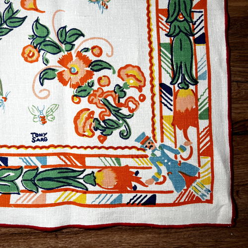 Tony Sarg SIGNED Tablecloth Pennsylvania Dutch Vibrant Colors Cotton 34"x34" - Picture 5 of 7