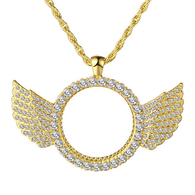 Womens Men Shiny CZ Angel Wings Custom Picture Chain Necklace Personalized Photo
