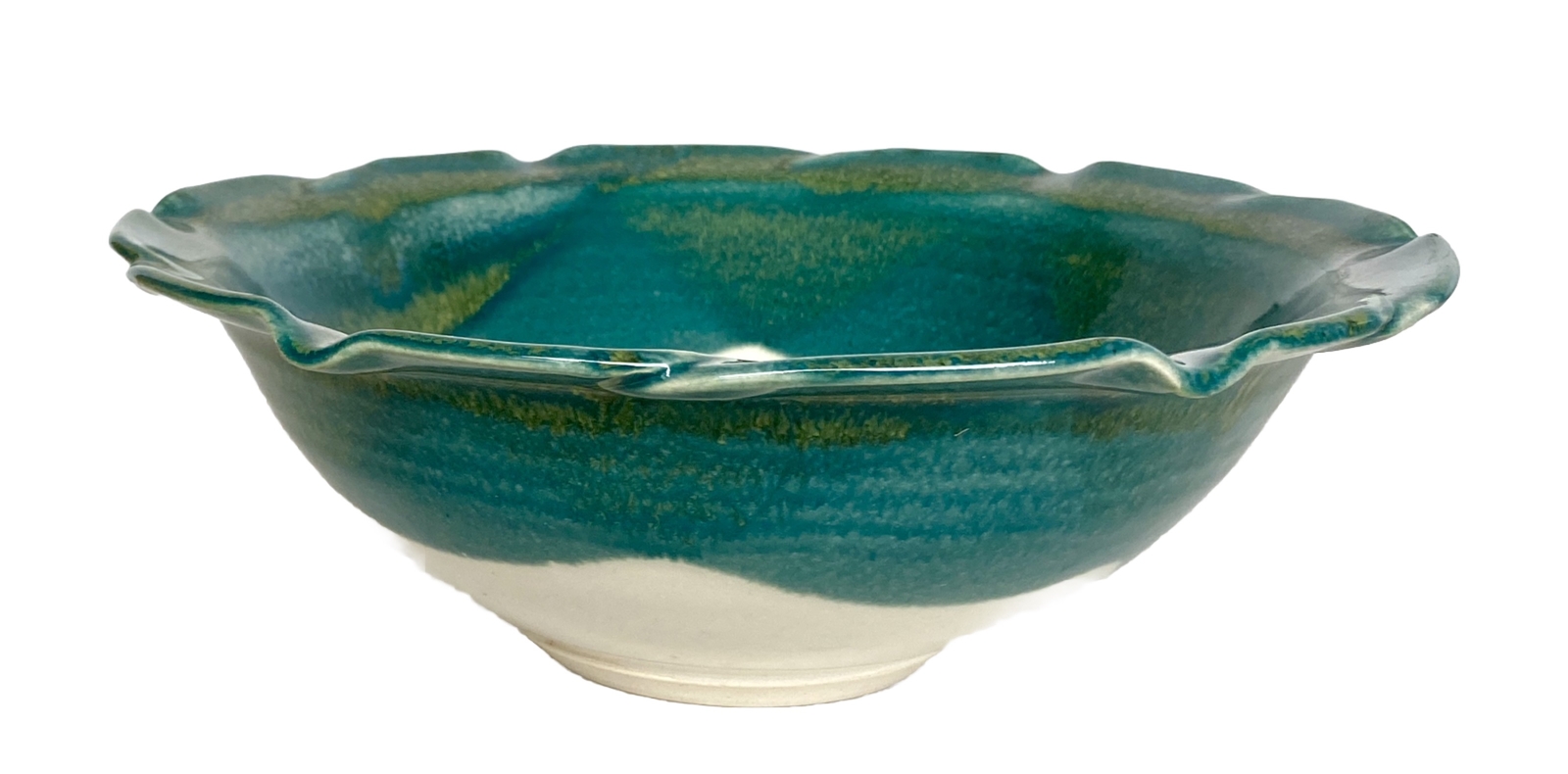 Art Pottery Pair Nesting Bowls by Janet Rodriguez in Green & White, 10+" and 8+"