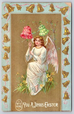Wishing You A Joyous Easter~Angel W/ Floral Bells~PM 1909~Emb~Vintage Postcard