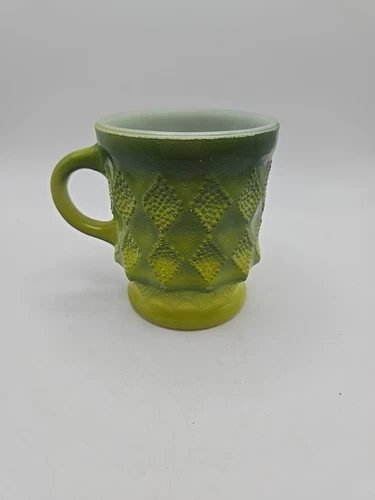 Anchor Hocking Fire King Vintage Green Coffee Cup Mug Kimberly Diamond Pattern 