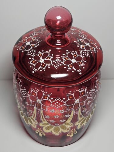 Antique Victorian Bohemian Cranberry Moser Style Enameled Biscuit Jar 8 1/2" - Picture 2 of 13