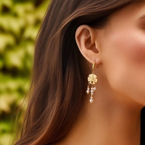 Gold Dangle Pearl Earrings, Authentic Beach Tassel Earrings, Elegant Chic Gift - Picture 3 of 4