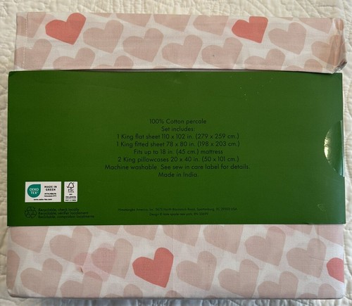 NWT Kate Spade White & Pink Hearts 100% Cotton Percale King Sheet Set (4pc) - Picture 2 of 6