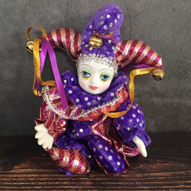 Mardi Gras Jester Clown Doll w/ Porcelain Head and Hands Purple Silver