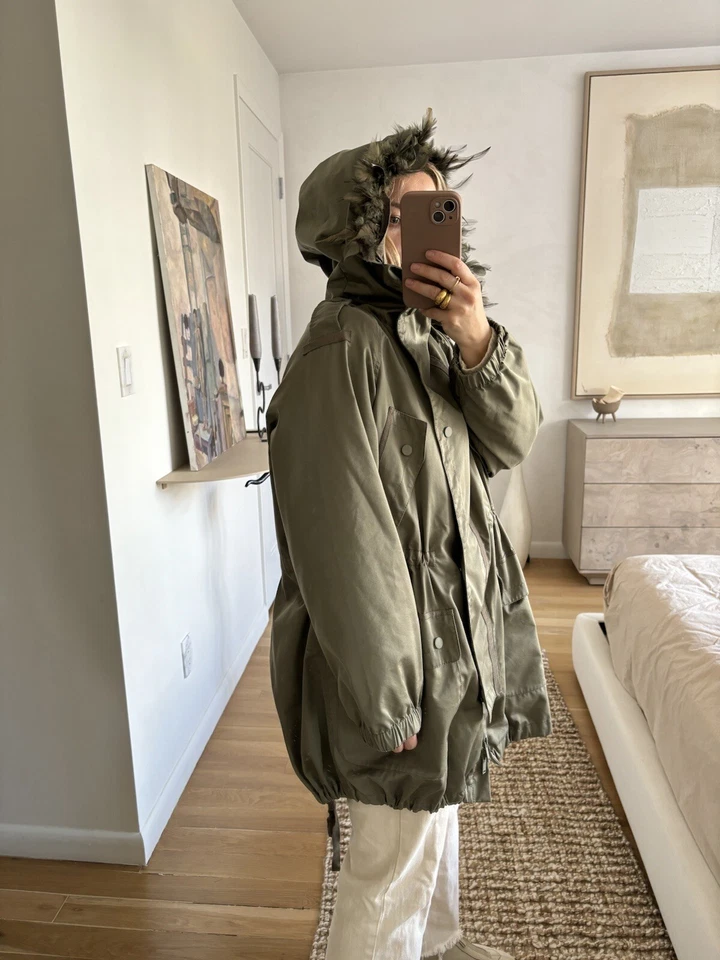 Max Mara Weekend  Khaki Green Parka With Detachable Feather Hood Size Small - Image 2 of 4