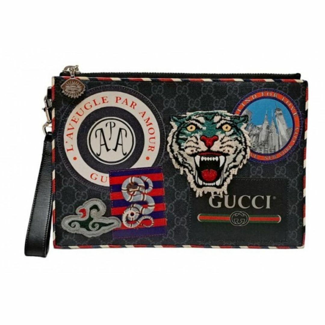 GUCCI Night Courrier GG Supreme Clutch Bag Pouch PVC Leather Black x Multicolor