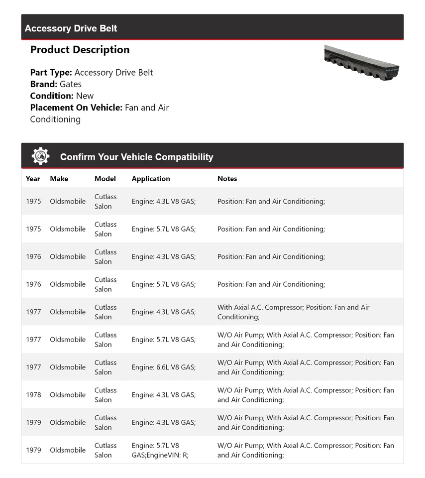 For 1975-1979 Oldsmobile Cutlass Salon Drive Belt For Fan and AC Gates - Image 2 of 4