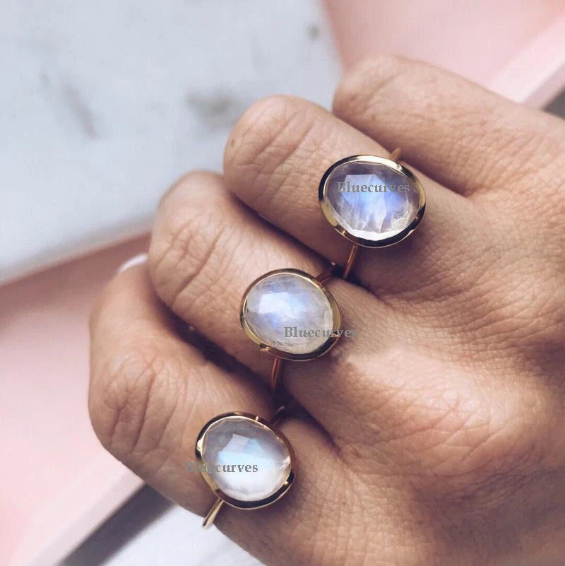 Piedra lunar oro amarillo 14k piedras preciosas boda cóctel eternidad anillo joyería US7 Foto 2 de 2