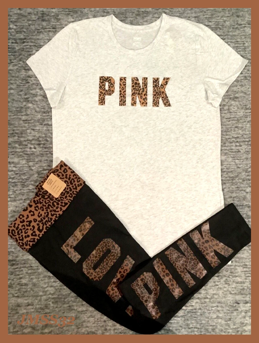 Victoria's Secret Pink Leopard SS Tee Shirt + Leggings Set Gray Black Logo  Large