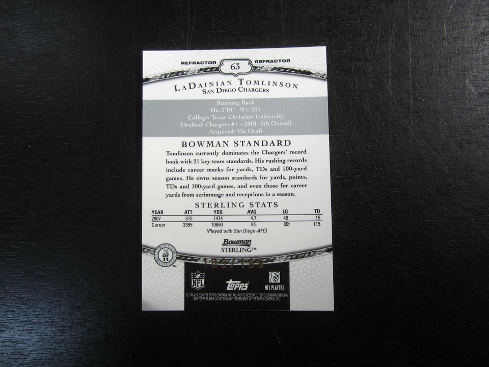 2008 Bowman Sterling Refactor # 63 LaDainian Tomlinson Jersey Card (CR) 183/199 - Image 2 of 2