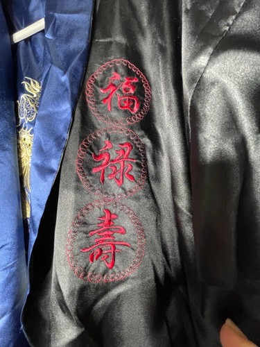 Men's Robe Kimono Reversible Embroidered Dragon Asian Black & Blue No Belt - Imagen 8 de 20