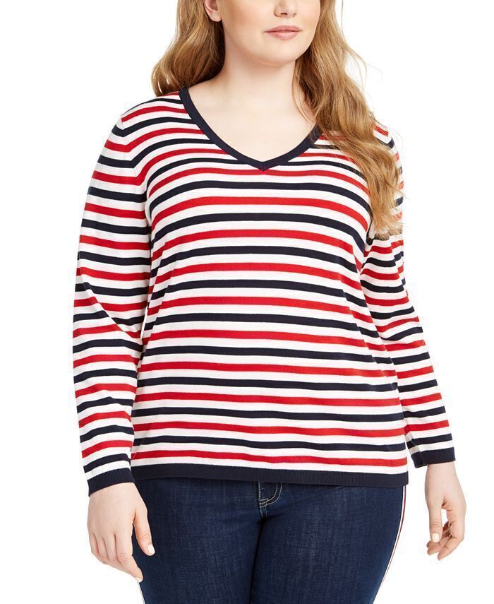 Tommy Hilfiger Sweater Striped V Neck Sz 1X Plus NEW NWT 951