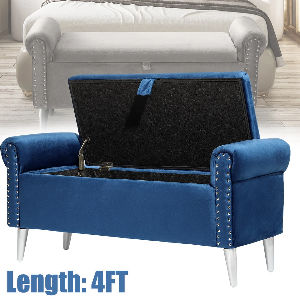 Multifunctional Storage Bench Chair Velvet Sofa Stool Bedroom Ottoman w/ Armrest - Image 2 of 4