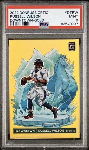 2022 Panini Donruss Optic Downtown Russell Wilson Gold Prizm 3/10 PSA 9 Mint