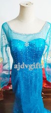 Elsa Blue Ice Princess Dress Long Sleeve Sparkly Snowflake Cosplay Costume
