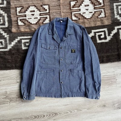 Vintage Spilag French German Workwear Utilitry Stripped Blue Chore Jacker Size L