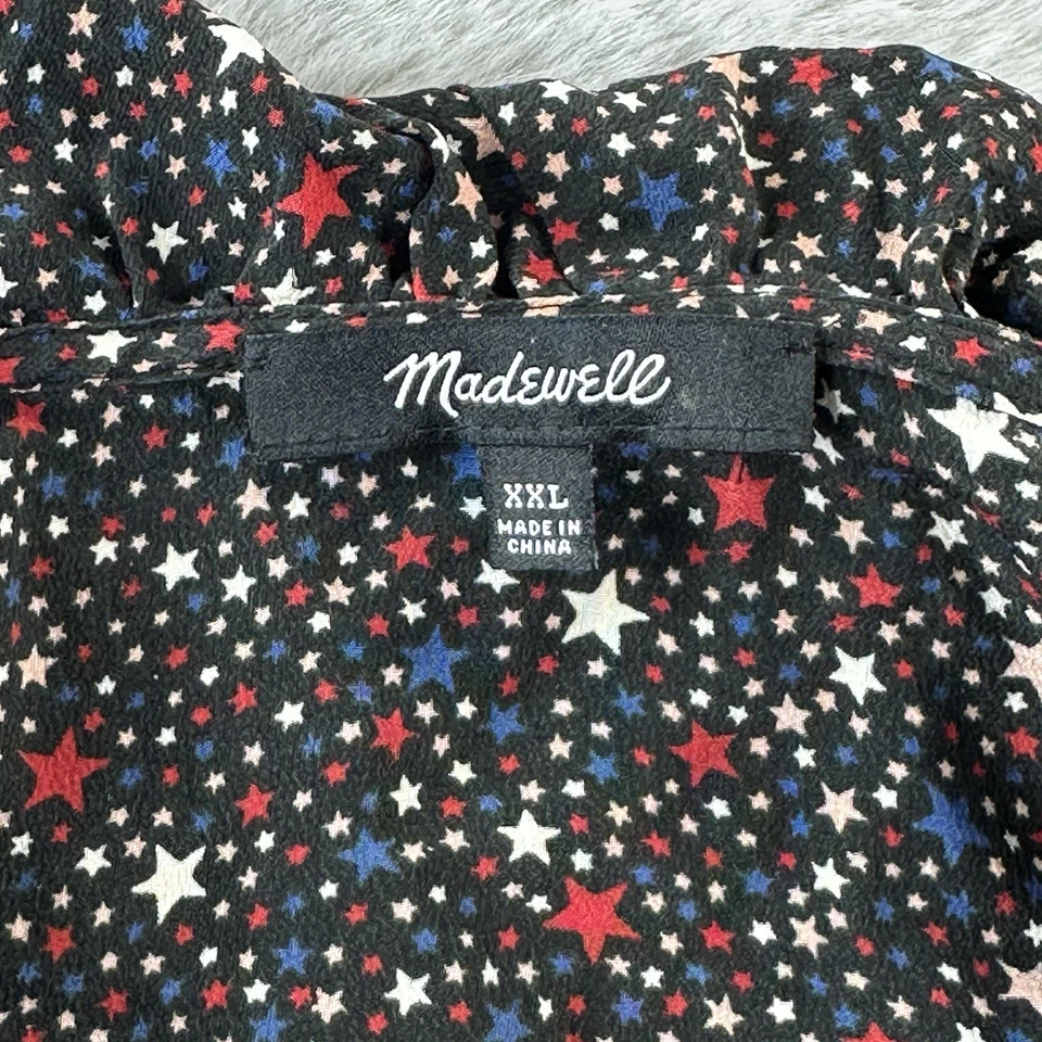 Blusa Top Madewell Seda Mujer XXL Negra Estrellas Volantes Corbata Cintura Oficina Campesina Foto 4 de 4