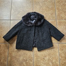 Vintage Curly Lamb Crop Jacket Black Mink Collar Velvet Button Mob Wife 1950s