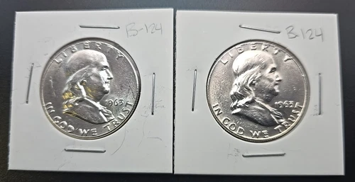 Ben Franklin Half Dollar 90% Silver, Lot of 2- 1963 & 1963-D -XF/AU - B-124