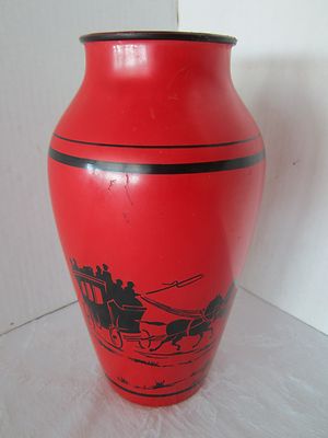 Antique Art Deco Orange Red glass Vase enameled black Horses-coach 1920's 9'' T