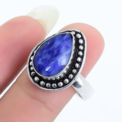 Facettiert Blau Shapir Schmuckstein Handgemacht Silber Schmuck Ring Größe 8,5 - Bild 1 von 4