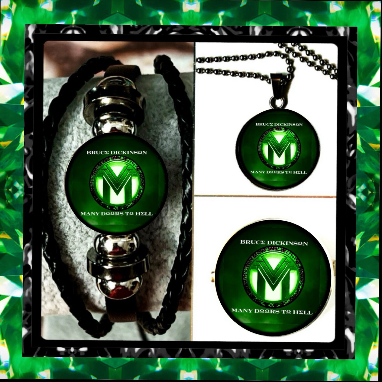 Iron Maiden Bruce Dickinson Many Doors to Hell Bracelet Necklace Pin Set