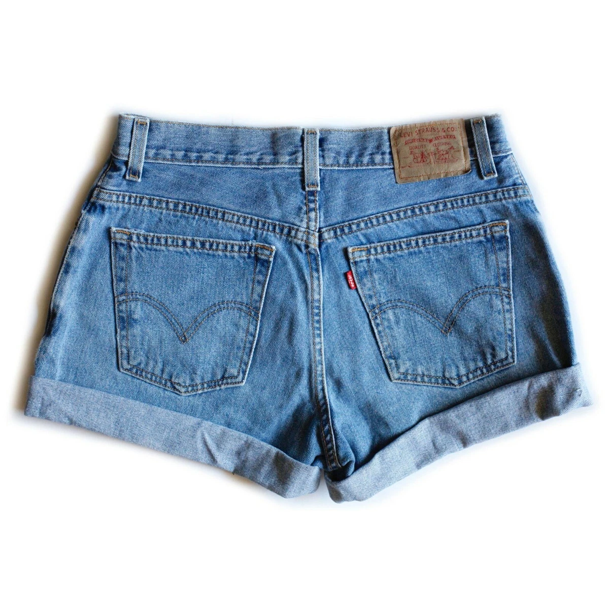 Vintage Levi s Medium Blue Wash High Waisted Rise Cuffed Denim Jean Shorts 28 29