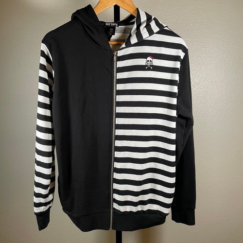 Hot Topic Girls Large Black White Striped Skull Full Zip Hoodie Emo Goth Punk
