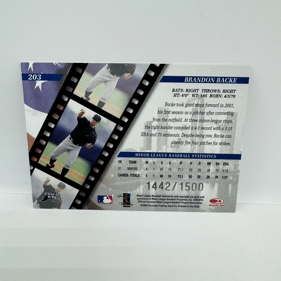 2002 Donruss Studio Brandon Backe Rookie Card RC #203 Numbered 1442/1500 - Image 2 of 2