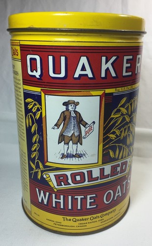 quaker oats vintage tin replica of 1896 label.