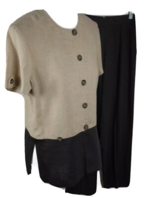 John Roberts Womans Sz 8 Tan & Black Linen Blend Pant Suit B25