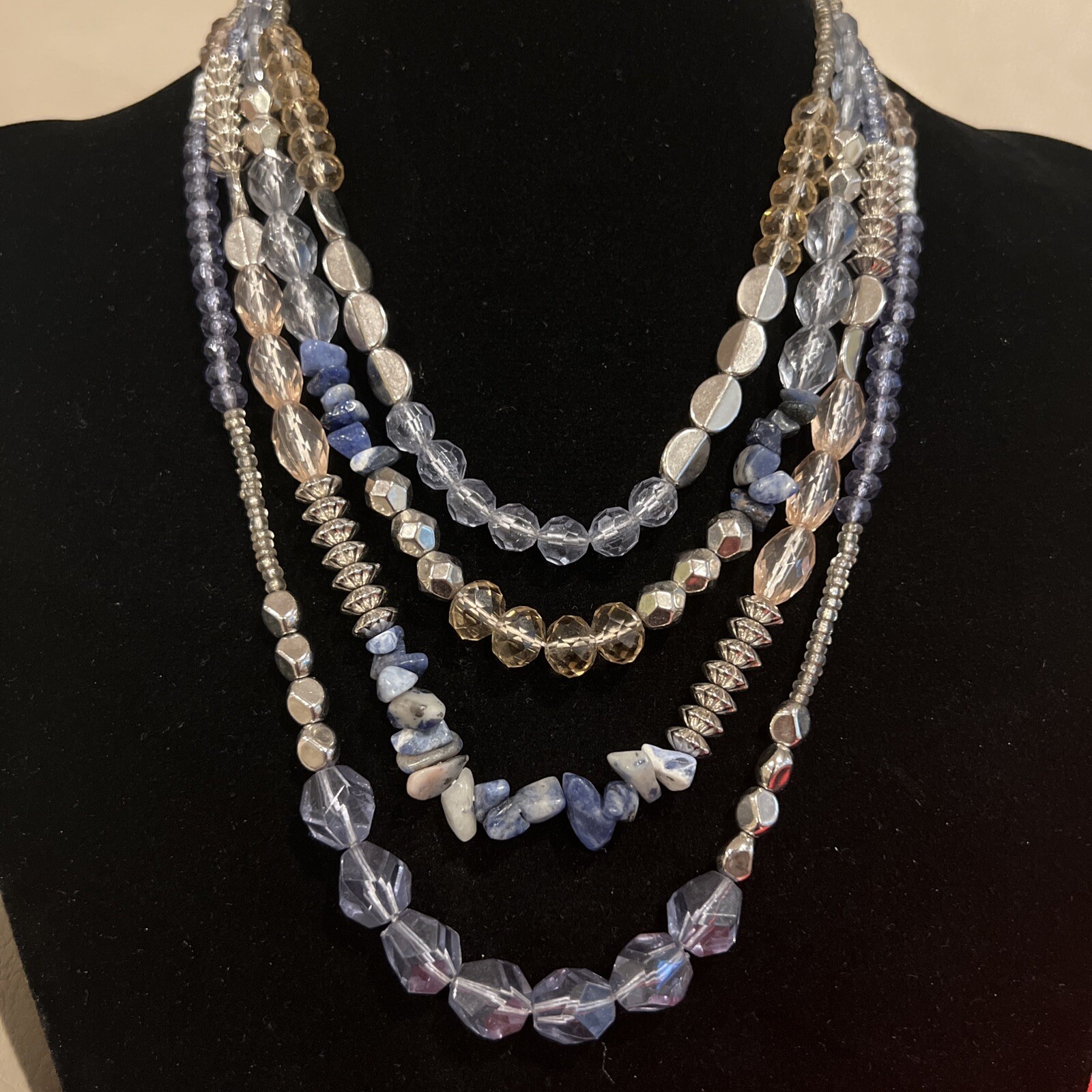 Silvertone Multistrand Gemstone Plastic Glass Bea… - image 1