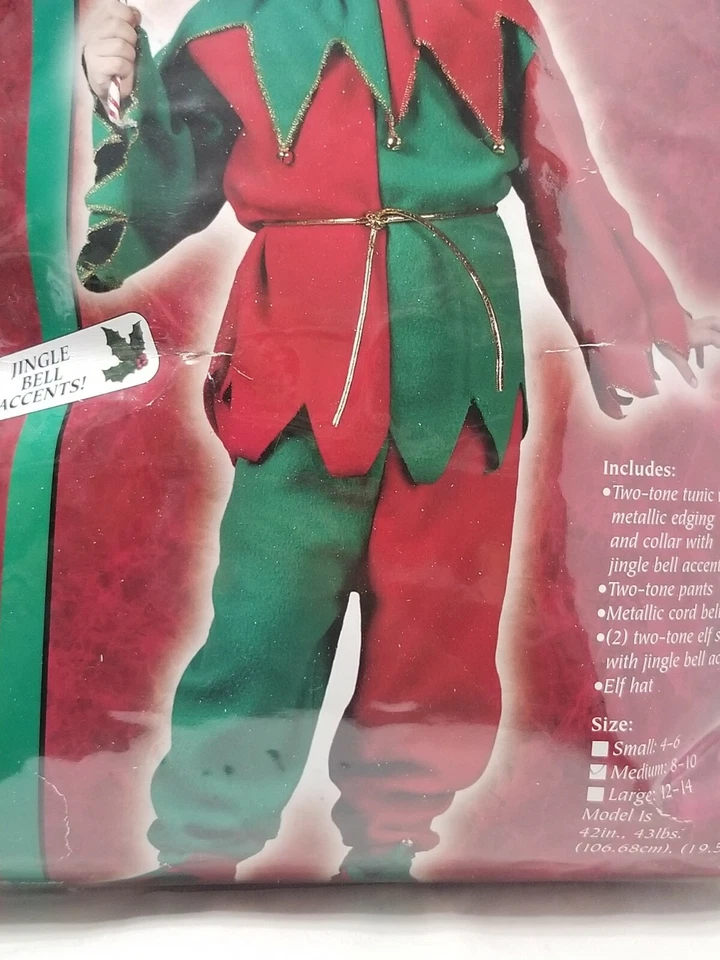 JUEGO COMPLETO DE ELFOS DIVERTIDO MUNDO DISFRAZ DE HALLOWEEN INFANTIL M 8-10 ACENTOS DE CAMPANA DE JINGLE Foto 3 de 4