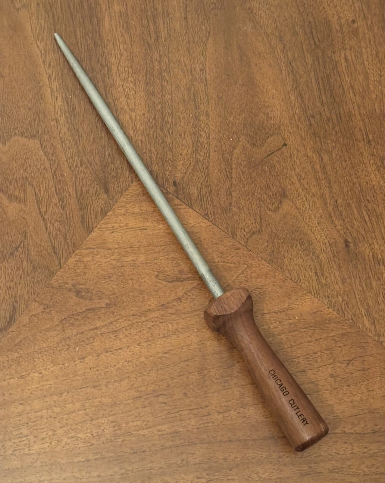 Vtg Chicago Cutlery Knife Sharpening Honing Rod Steel Solid Walnut Wood Handle