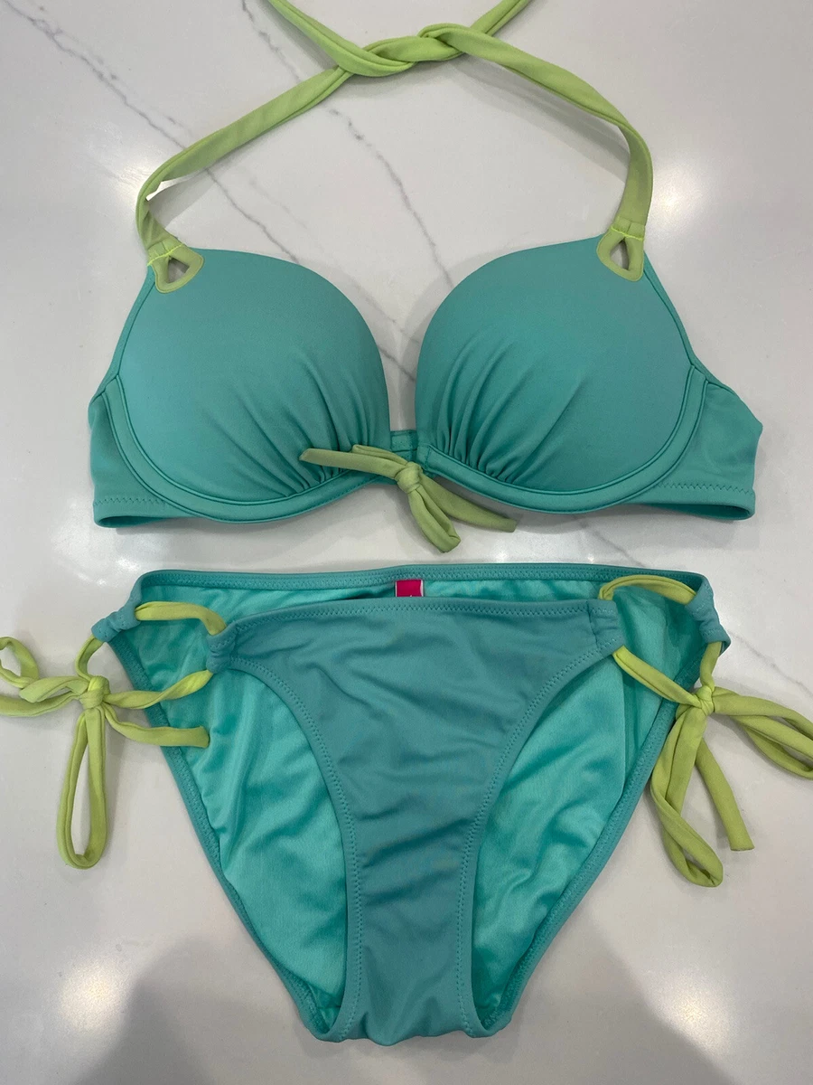 Victoria Secret Turq Bombshell Add 2 Cups Push Up Swimsuit Bikini 34B/Bottoms  XS