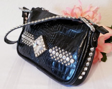 Raviani Black Genuine Leather W/ Rhinestones Studs Small Shoulder Bag Handbag