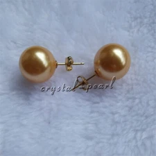 14K Gold Huge Perfect round AAA+ 12mm golden South Sea Shell Pearl Earrings