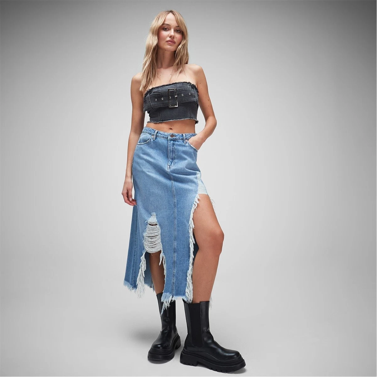 Missguided Womens Split Hem Distressed Raw Denim Maxi Skirt Skirts