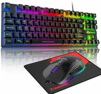Wired USB Gaming Keyboard and Mouse Mousepad Set 88 Keys Rainbow