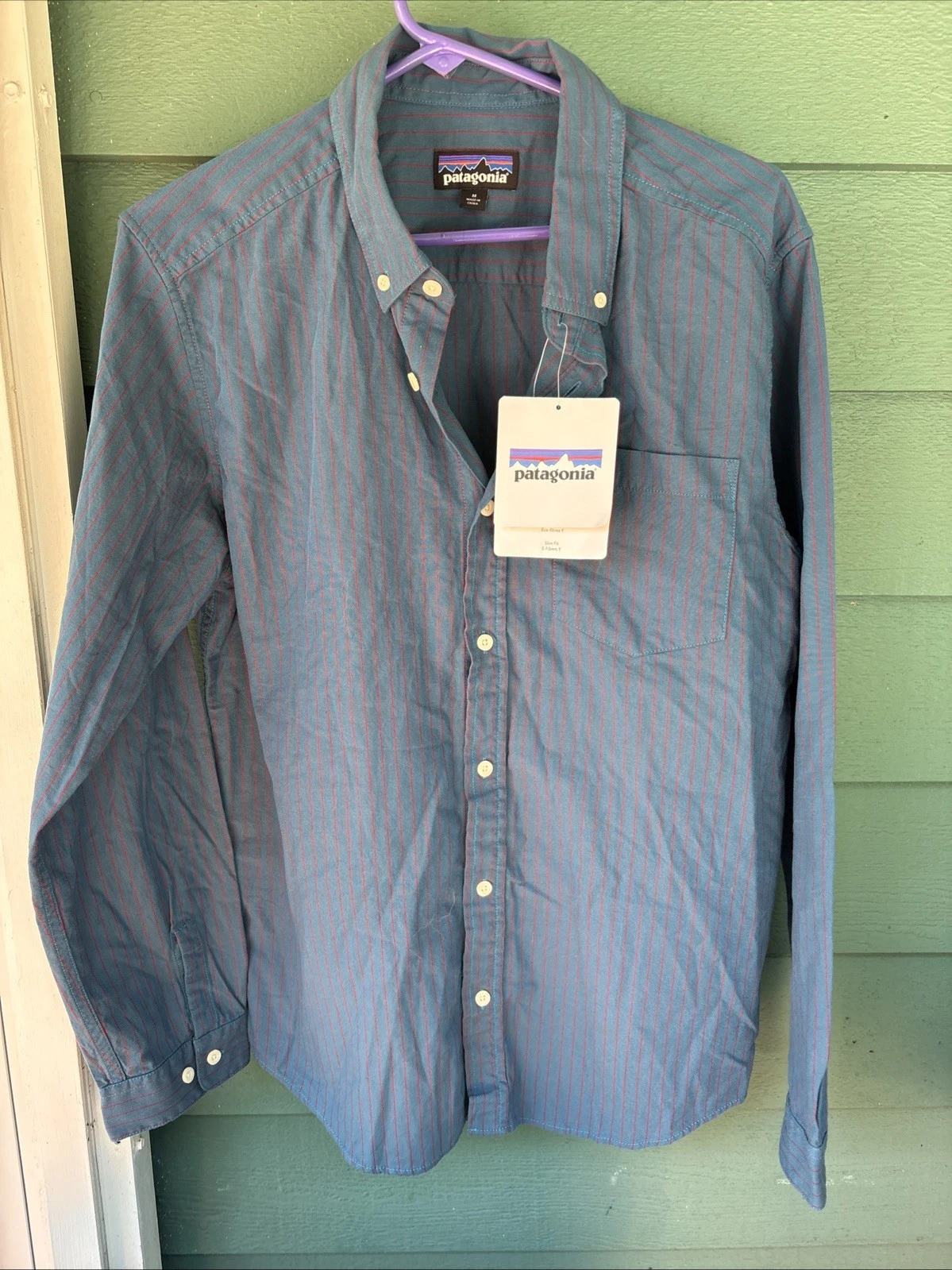 Patagonia M Long Sl Buffside Shirt Button Up underwater Blue Check Stripe