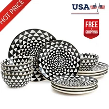 12 Piece Dinnerware Set Dishes Bowl Dinner Plates Salad Medallion Stoneware New