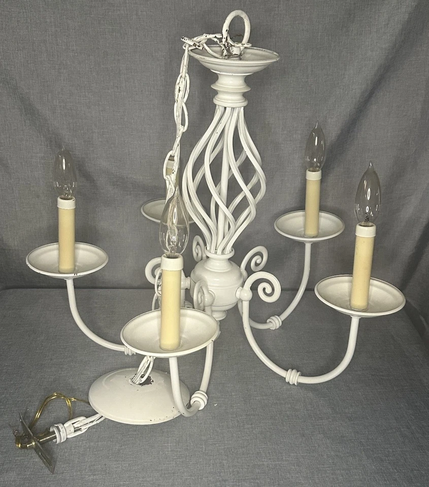 Chandelier Fixture White Metal Shabby Chic Pendant Ceiling Light  20” - Image 3 of 4