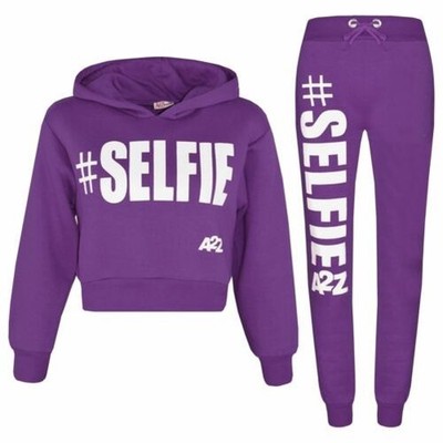 Kids Girls Tracksuit Designer Purple #Selfie Hooded Crop Top Bottom Jogsuit 5-13