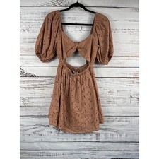 By Together Dress Women's Medium Brown Eyelet Puff Sleeve Cutout Bow Mini Boho
